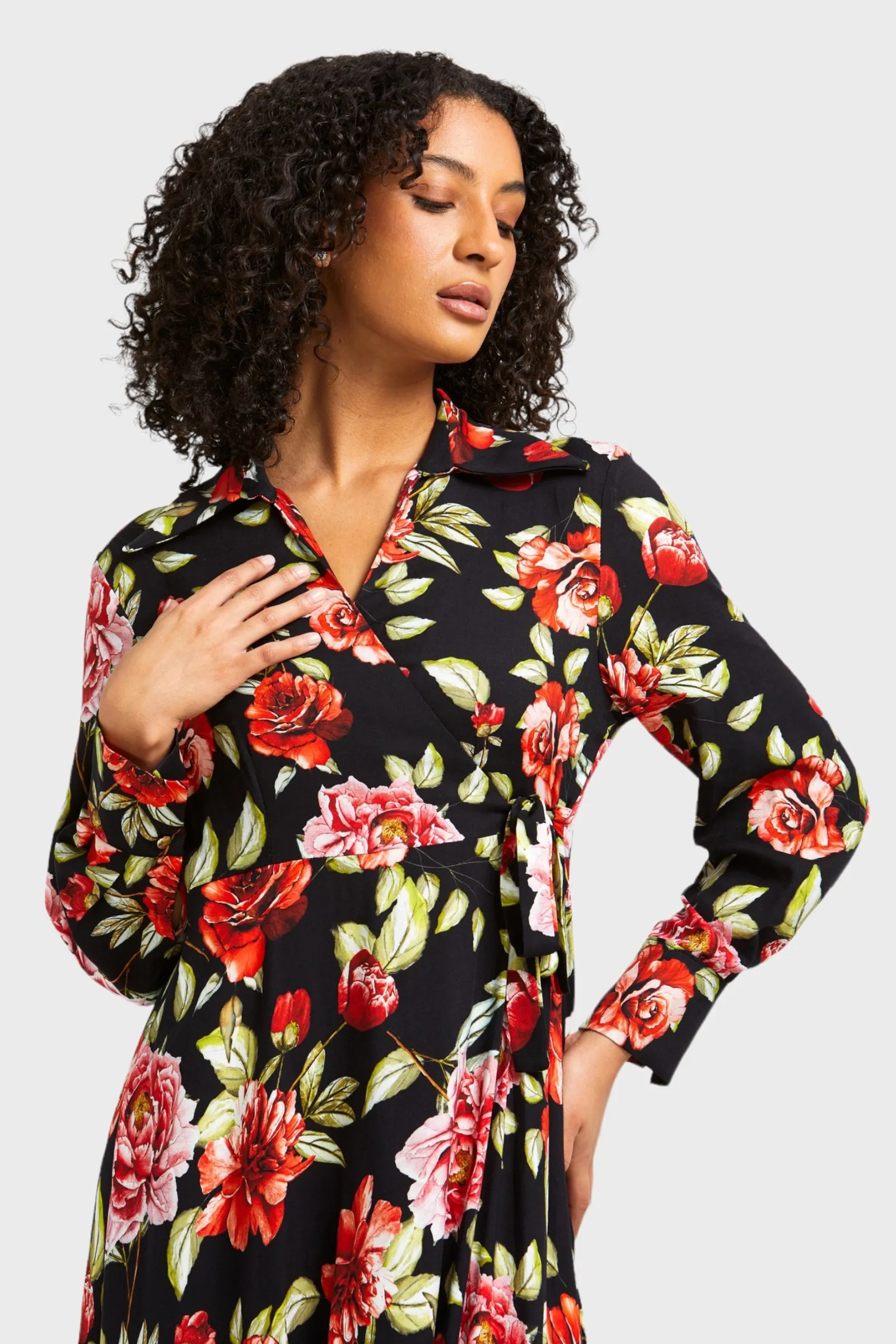 Natalia Black Floral Wrap Dress
