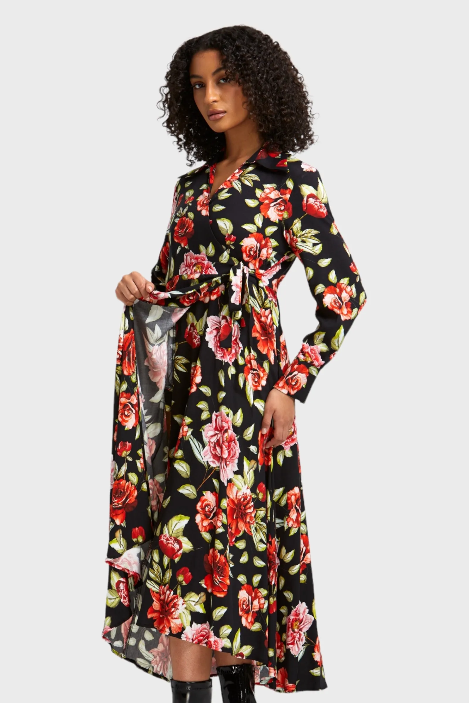 Natalia Black Floral Wrap Dress