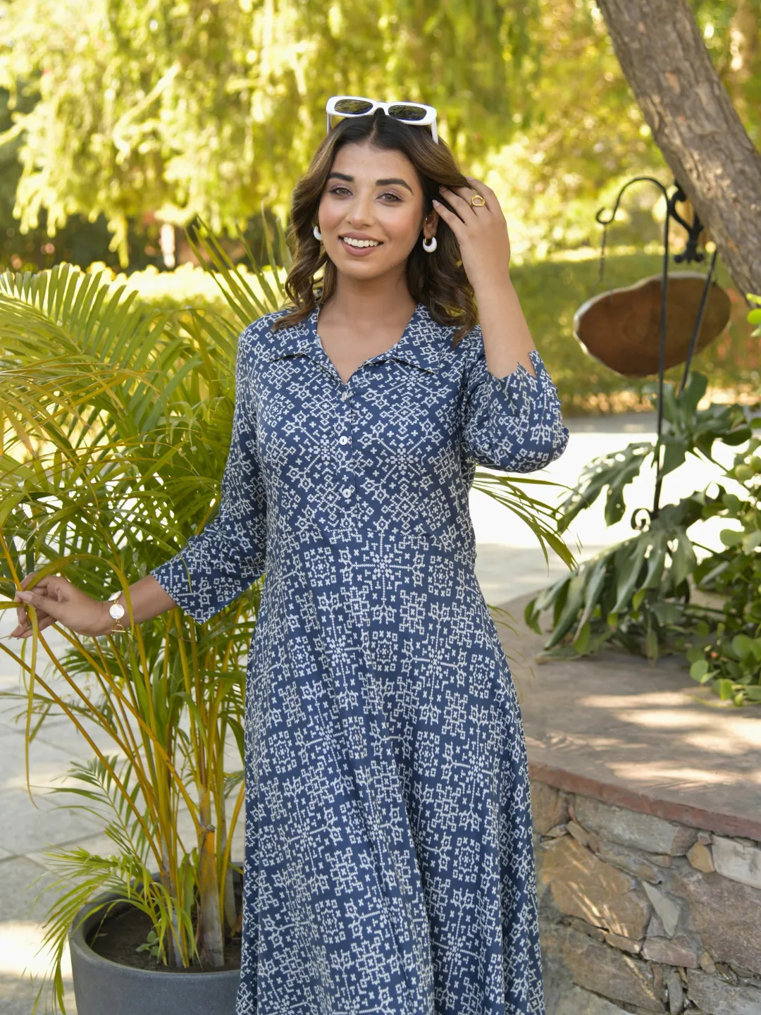 Navy Blue Patola Print Shirt Collar Midi Dress