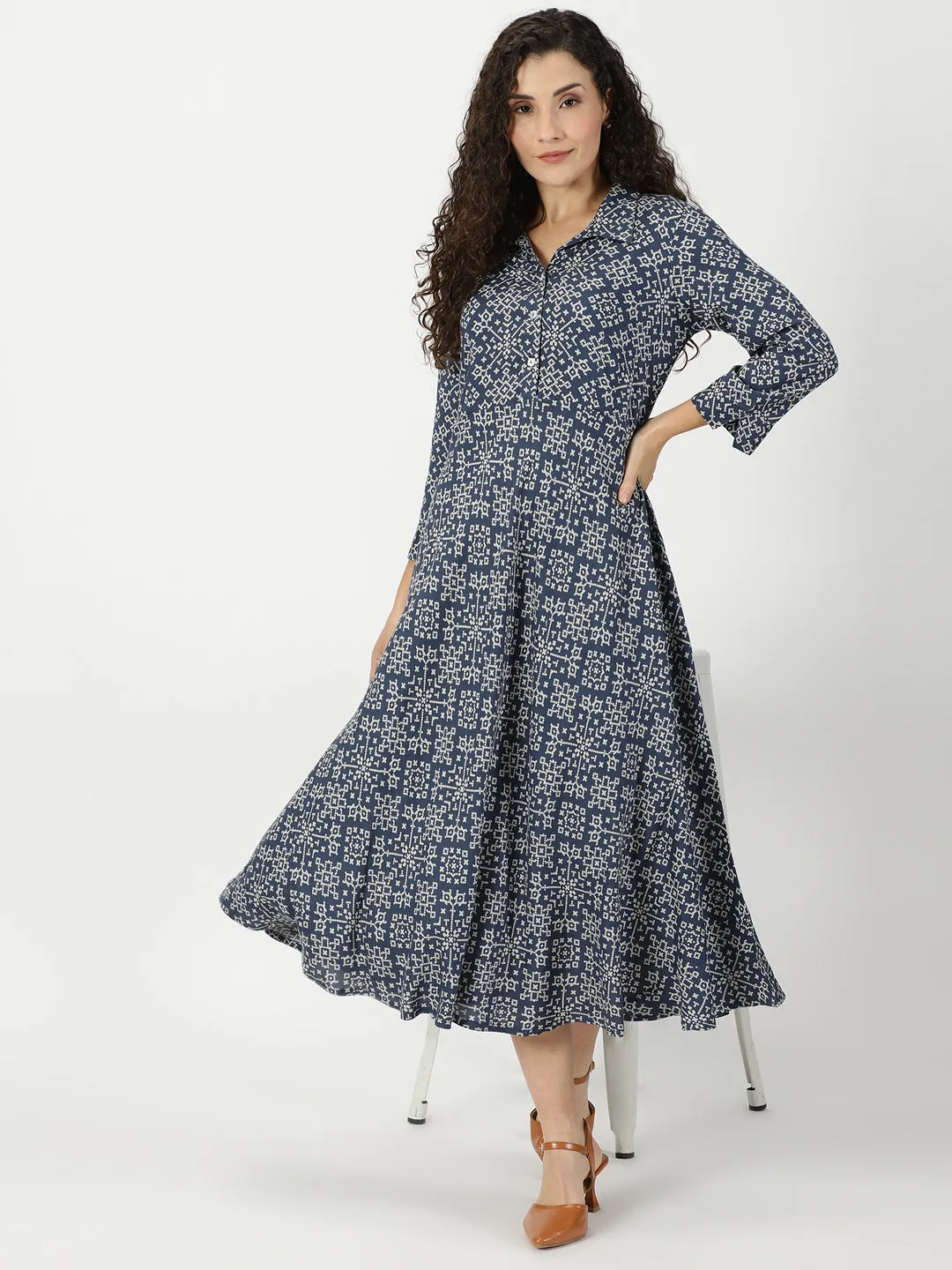 Navy Blue Patola Print Shirt Collar Midi Dress