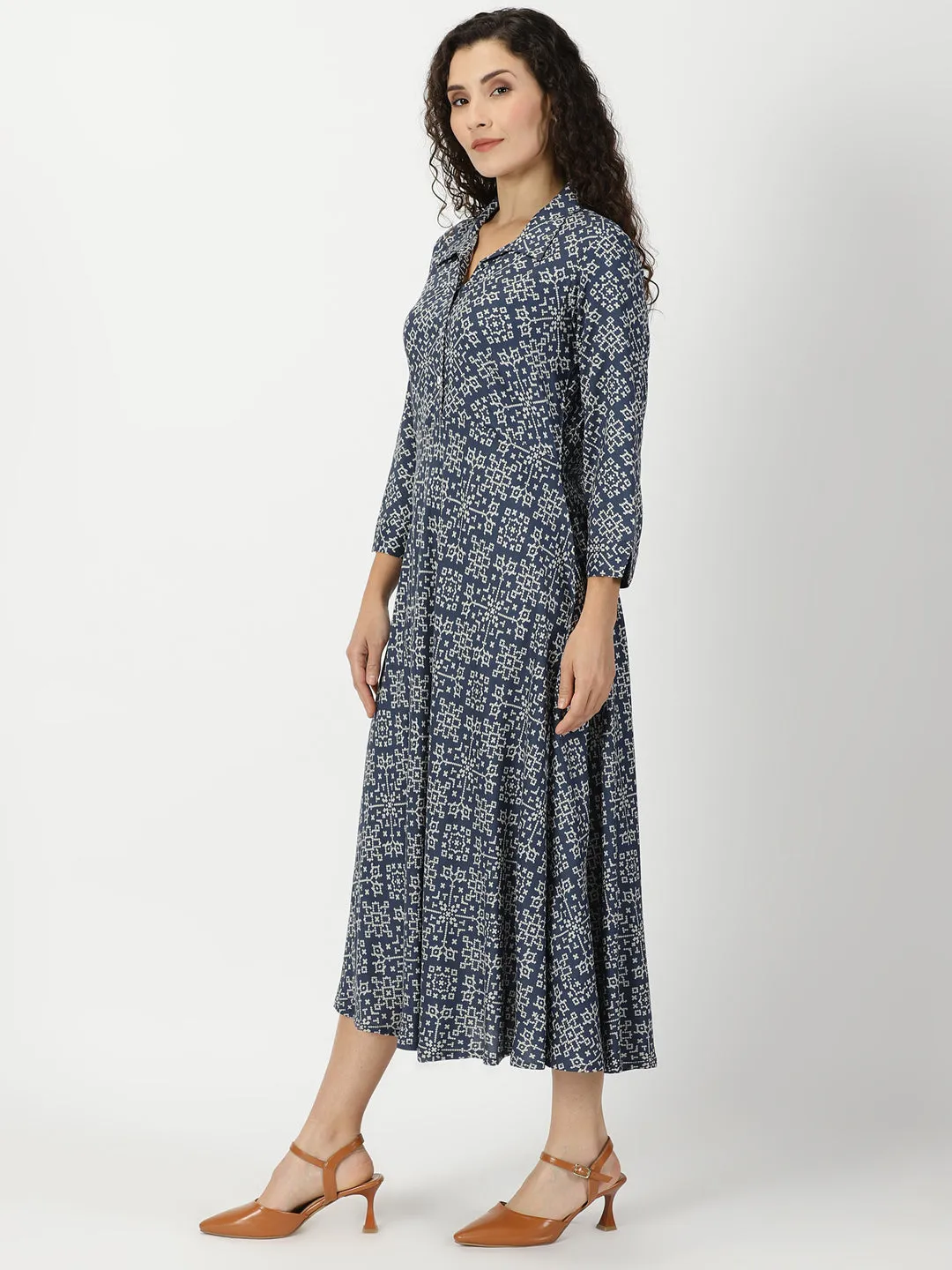 Navy Blue Patola Print Shirt Collar Midi Dress