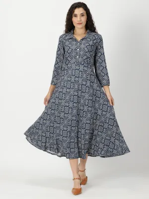 Navy Blue Patola Print Shirt Collar Midi Dress