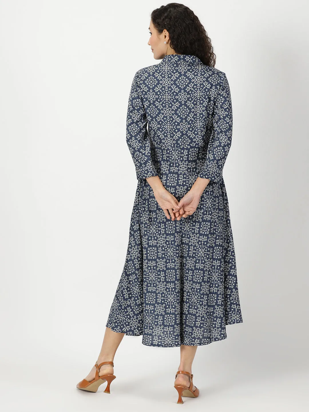 Navy Blue Patola Print Shirt Collar Midi Dress