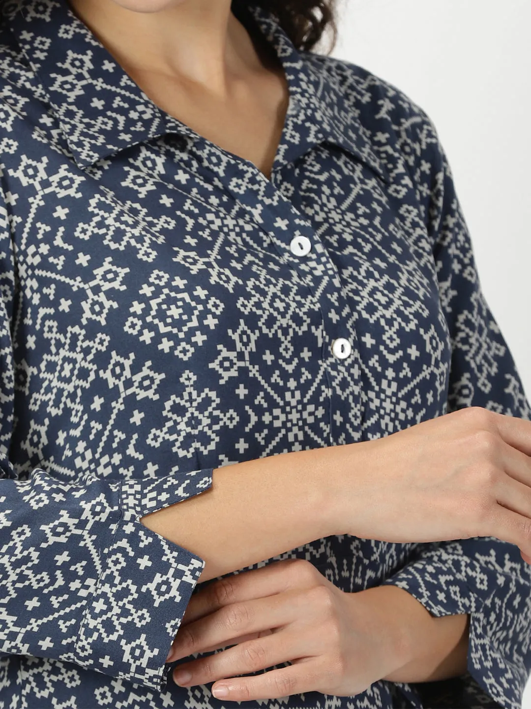 Navy Blue Patola Print Shirt Collar Midi Dress