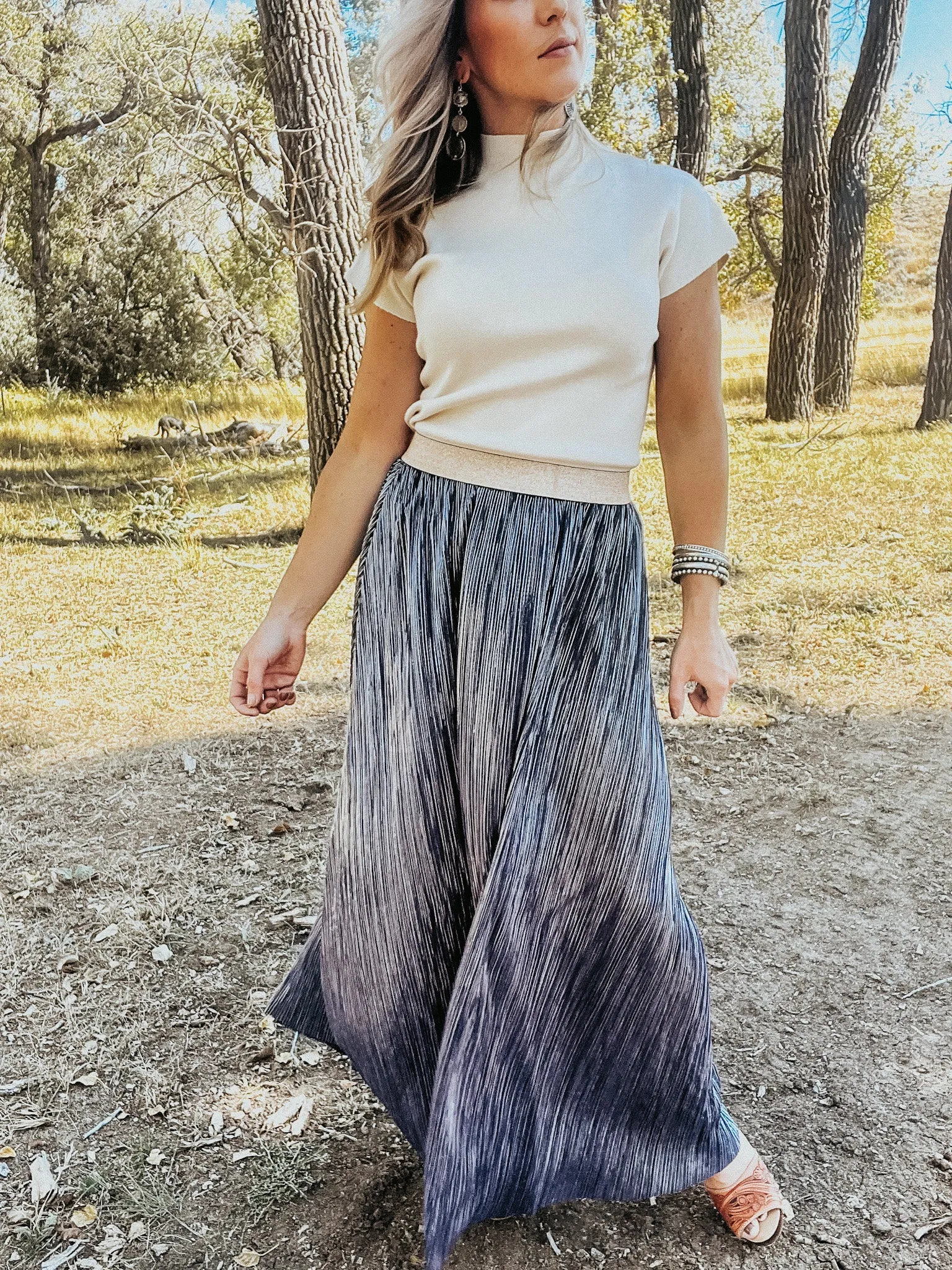 Navy Blue Pleated Maxi Skirt