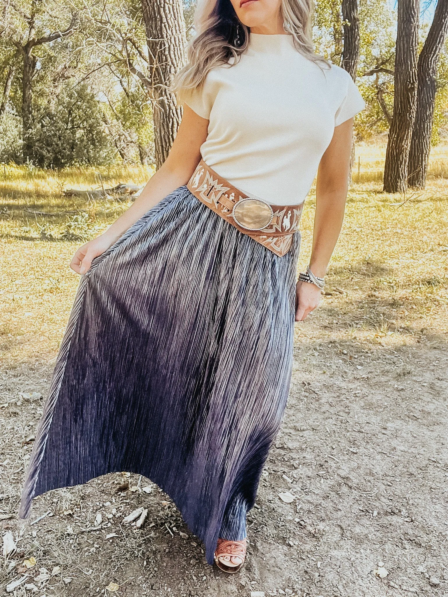 Navy Blue Pleated Maxi Skirt