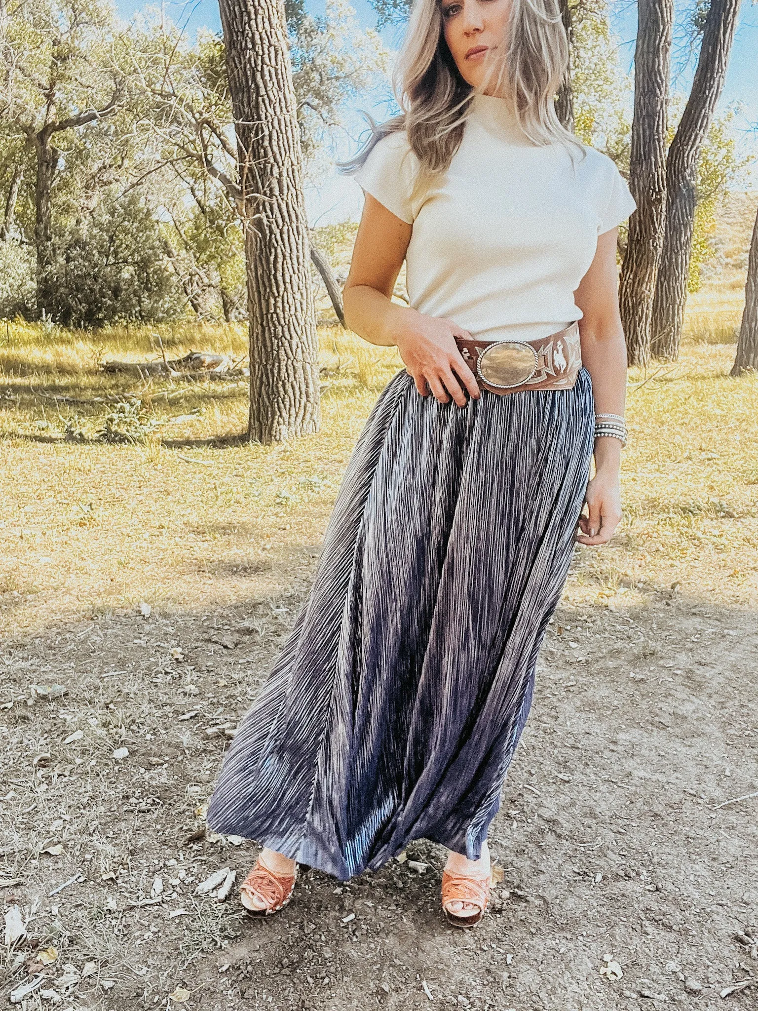 Navy Blue Pleated Maxi Skirt
