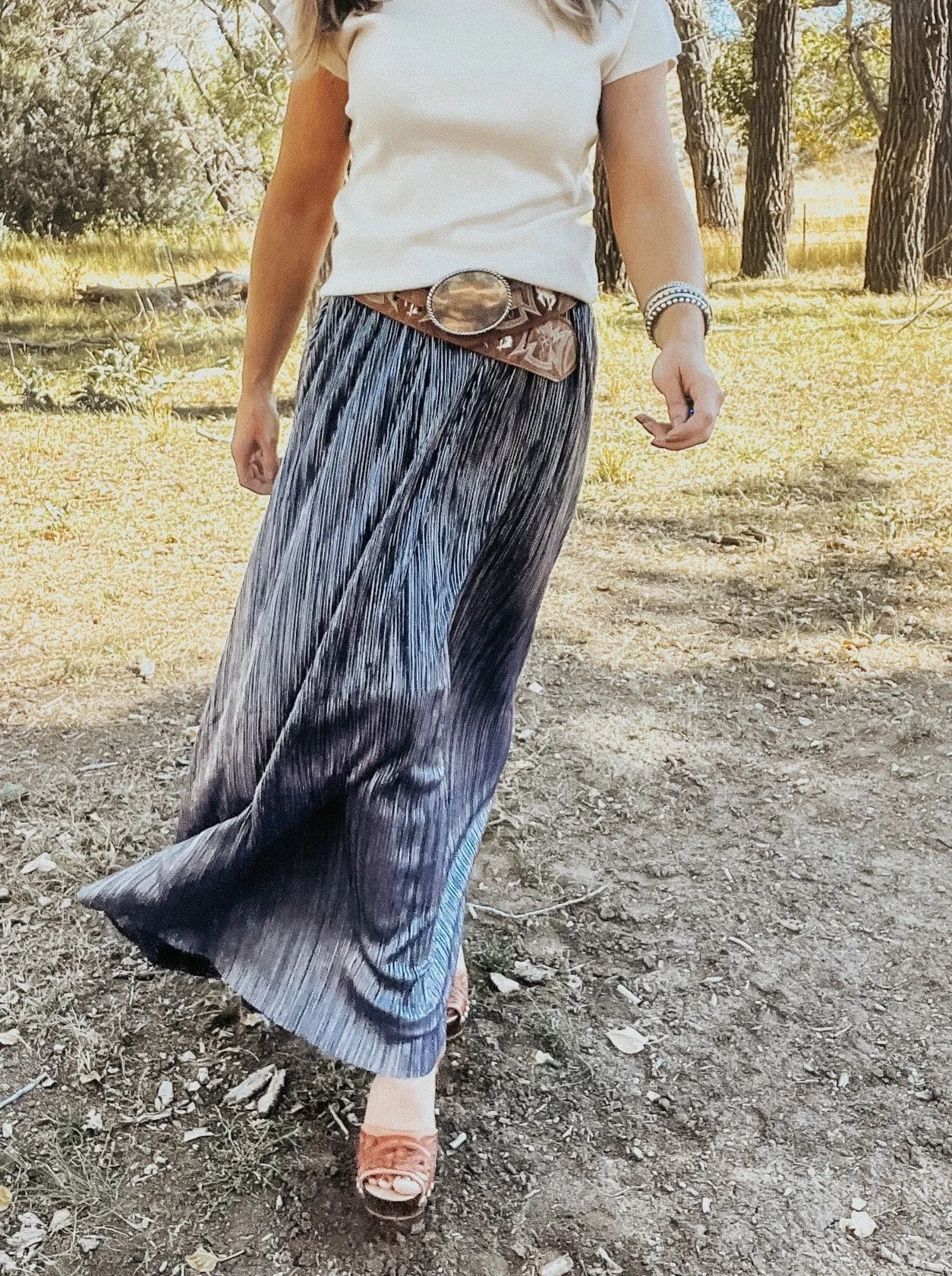 Navy Blue Pleated Maxi Skirt