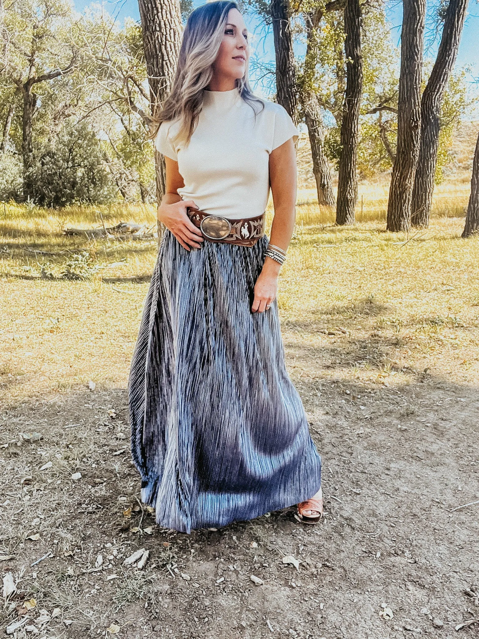 Navy Blue Pleated Maxi Skirt