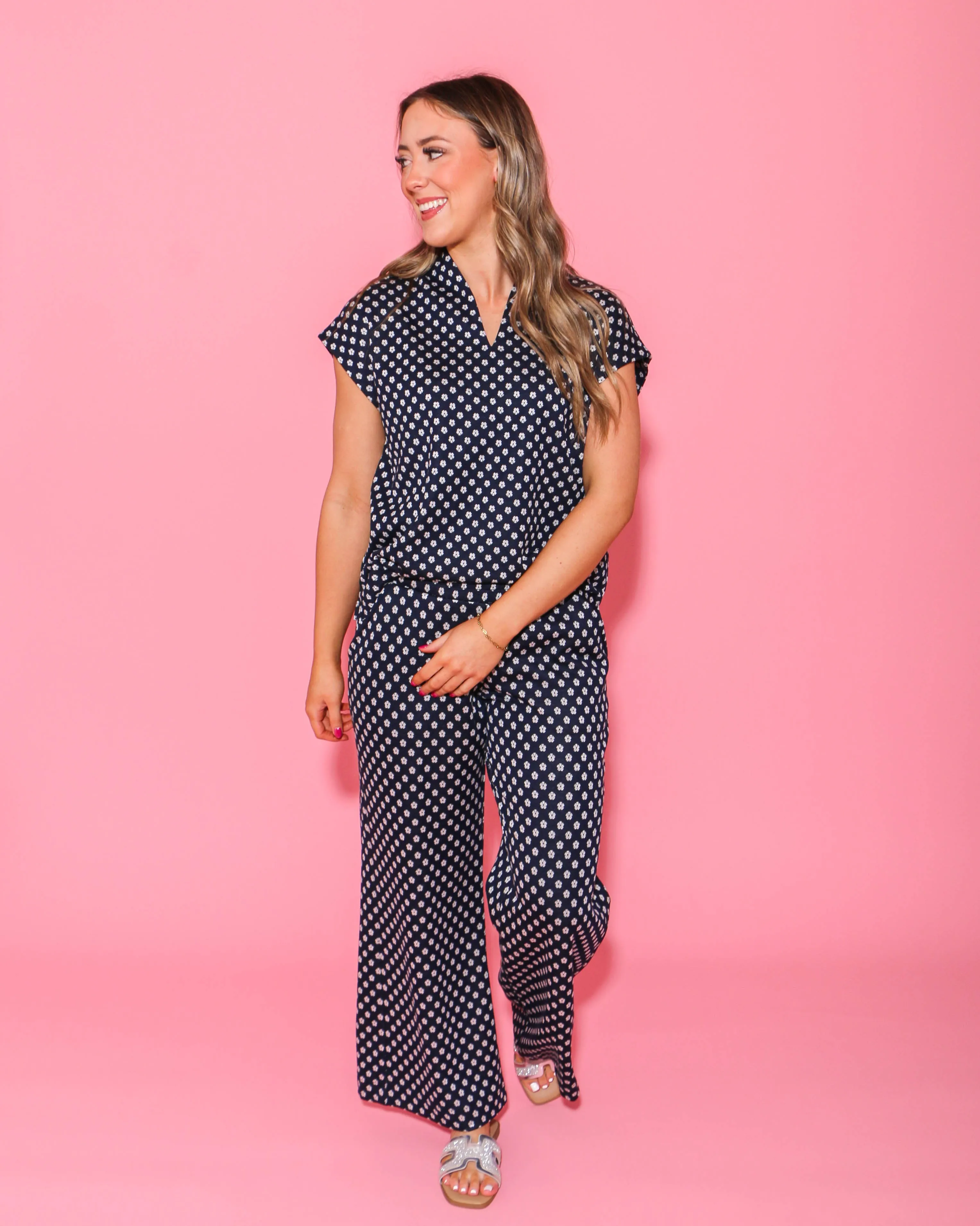 Navy Ditsy Popover Top and Knit Pants Set