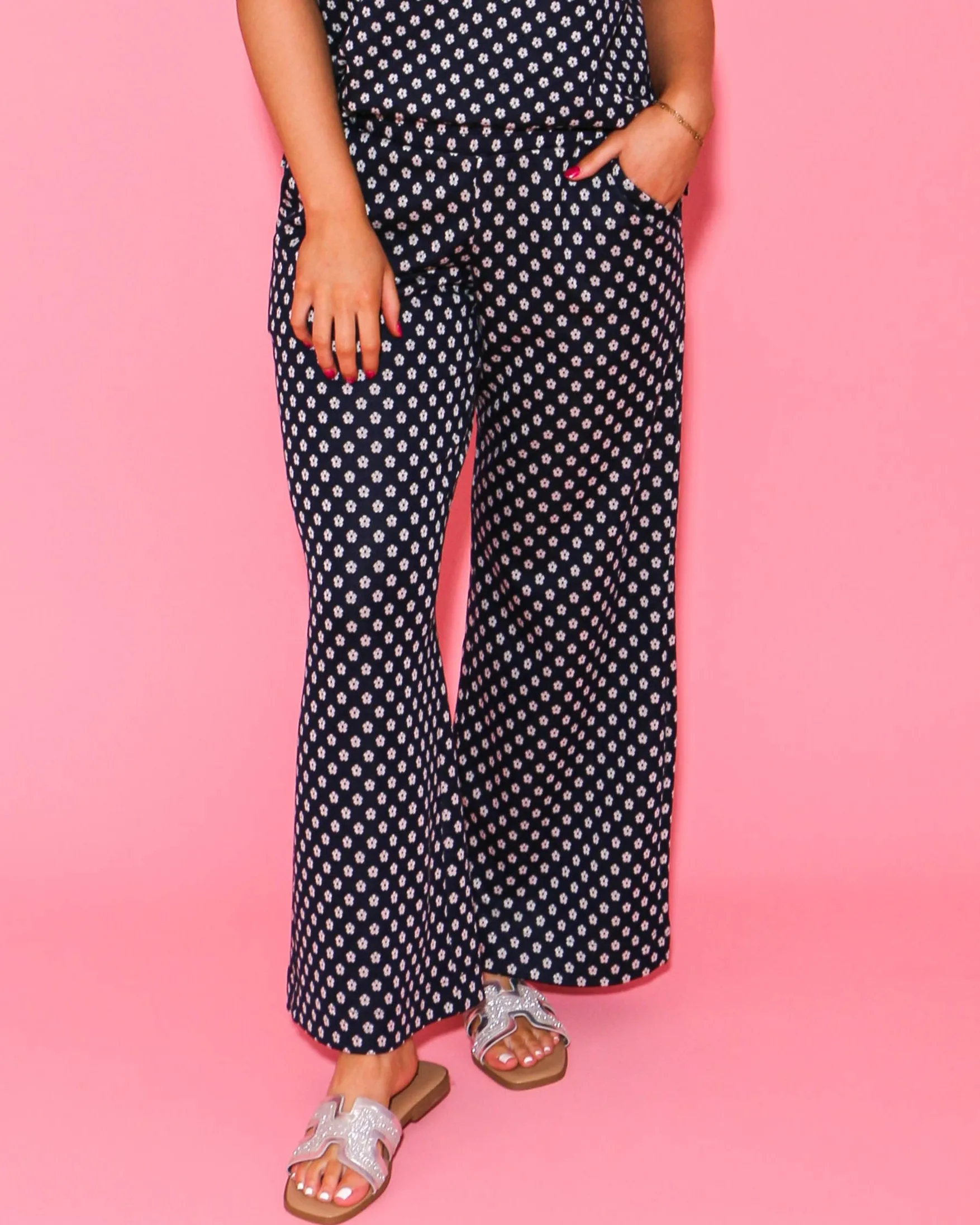 Navy Ditsy Popover Top and Knit Pants Set