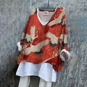 NEW Japanese Art Crane Print V-Neck Loose Blouse Sz M