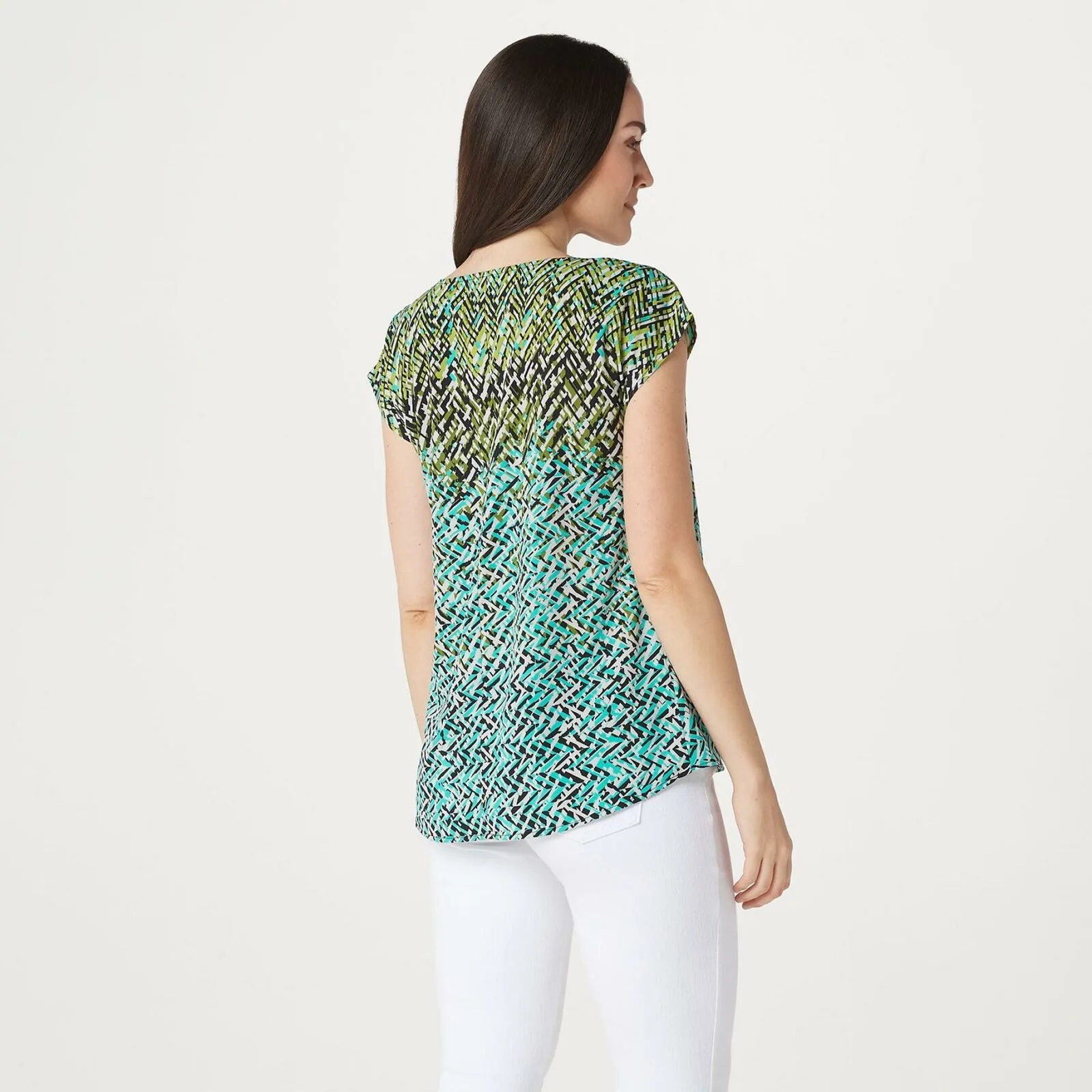 NWT Belle By Kim Gravel Womens Woven Abstract Print Top W/ Front Knot. A355041 M
