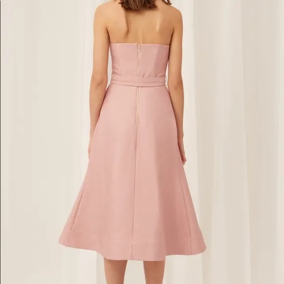 NWT KEEPSAKE The Label Pink Rose Strapless Pleated Tea Length Dress with Bodice