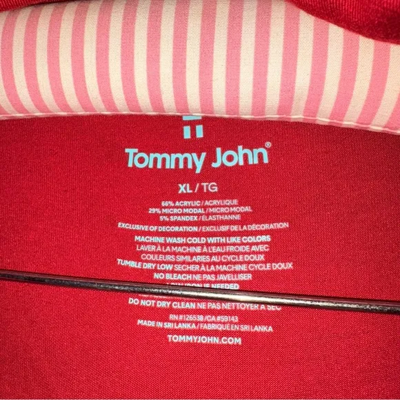 NWT Tommy John 2 Piece Pajama Set Longs Sleeve With Pants Size XL Red