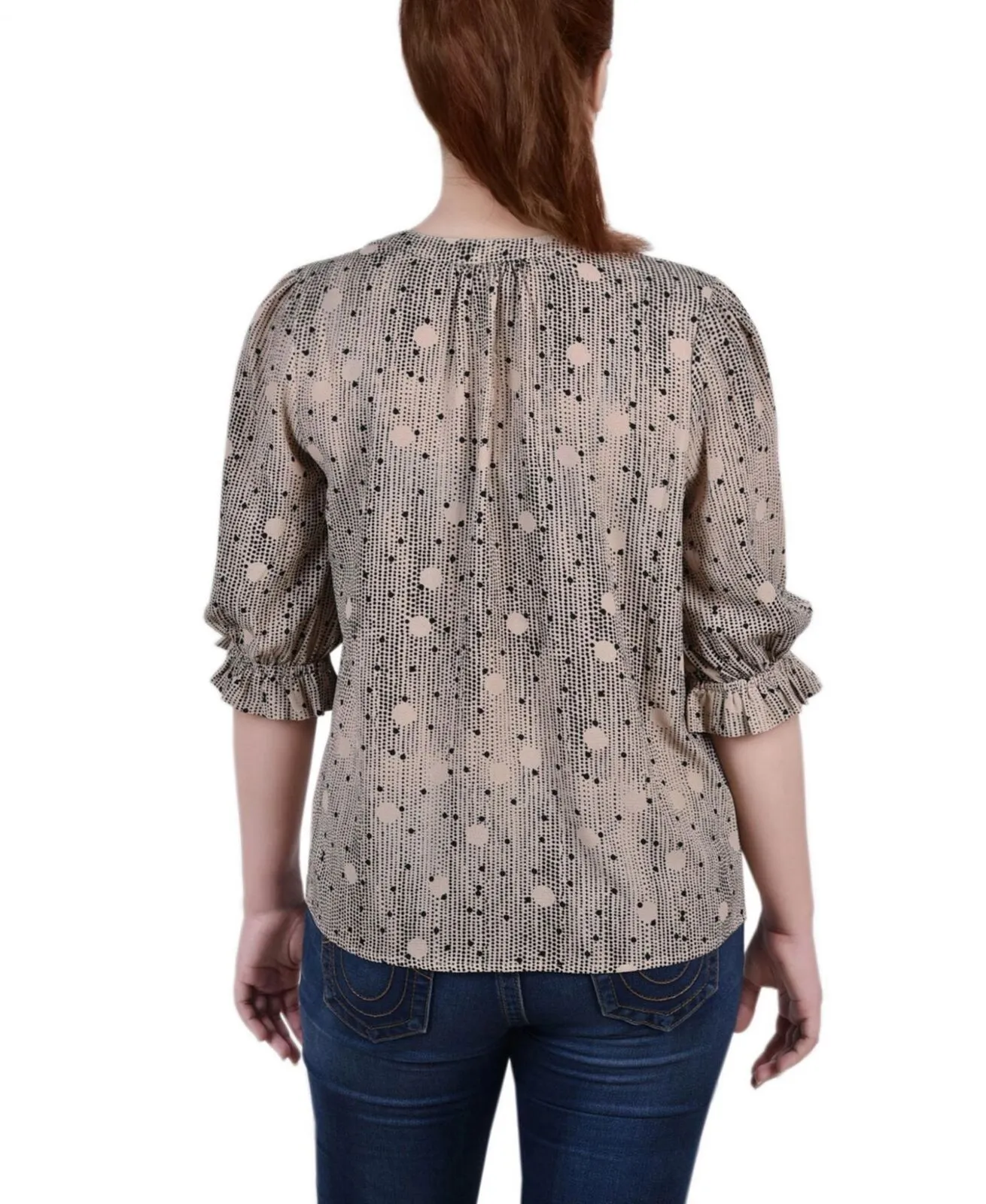 Ny Collection Womens Petite Elbow Sleeve Y-Neck Blouse PCRB6742