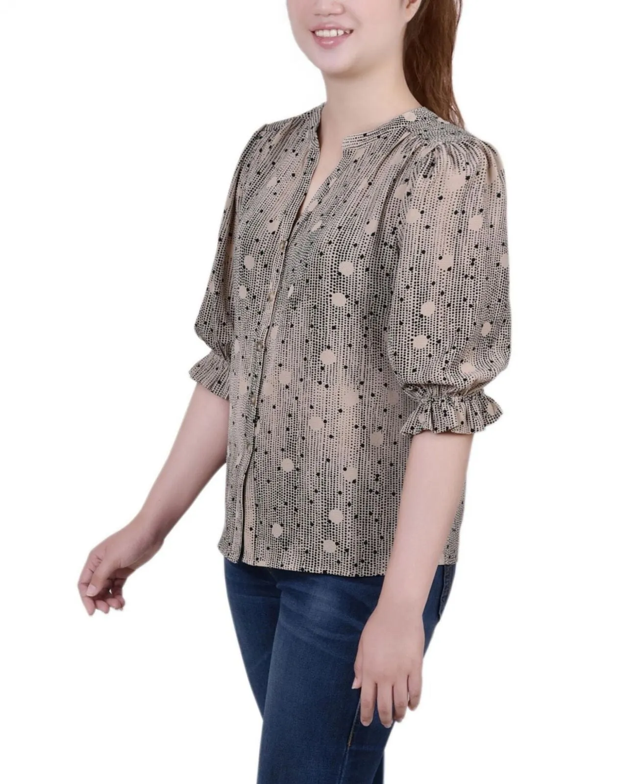 Ny Collection Womens Petite Elbow Sleeve Y-Neck Blouse PCRB6742