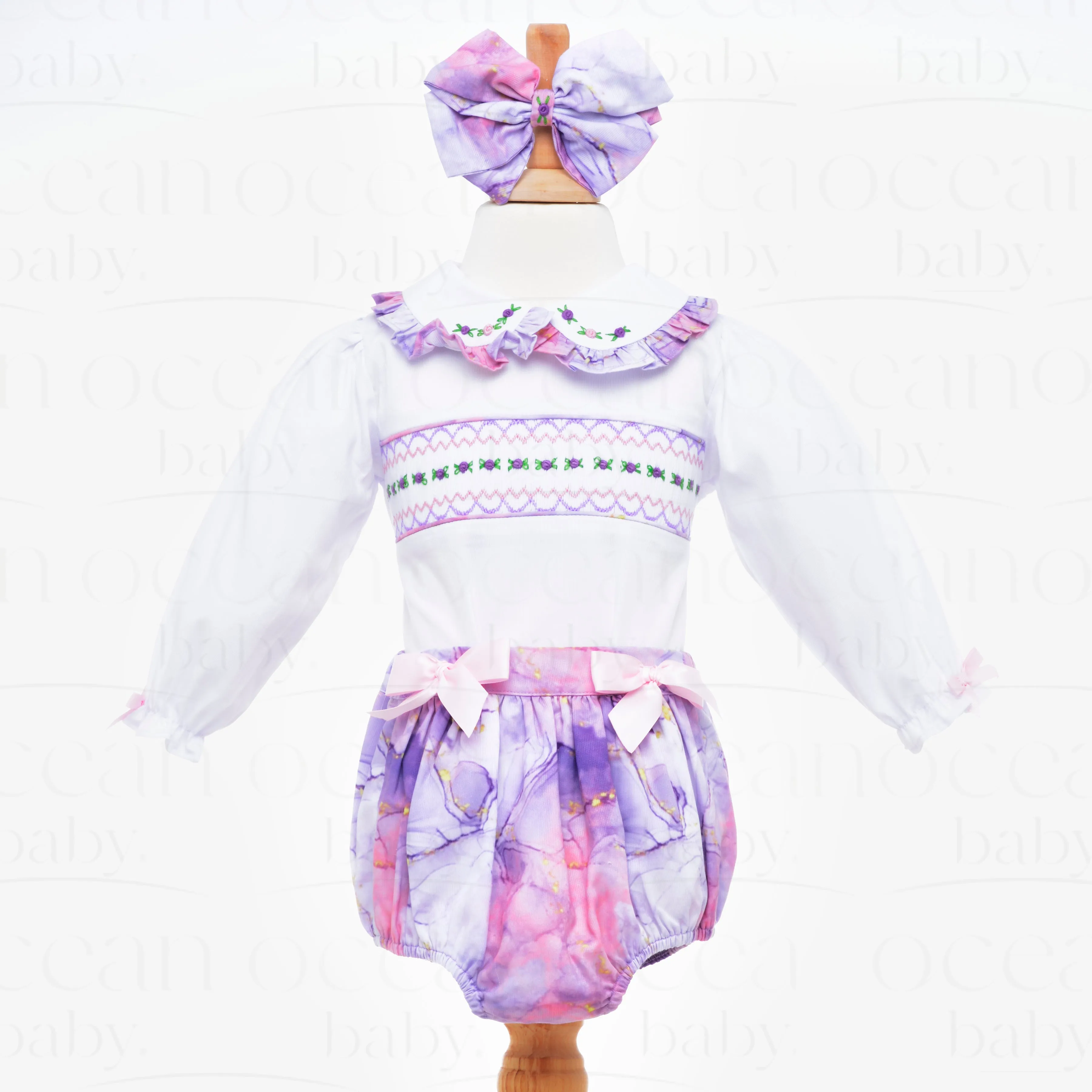 Ocean Baby Girls Lilac Marble Effect Smocked Buster Suit Set (NB-5Yrs)