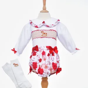 Ocean Baby Girls Rose Rocking Horse Smocked Buster Suit Set (3M-3Yrs)