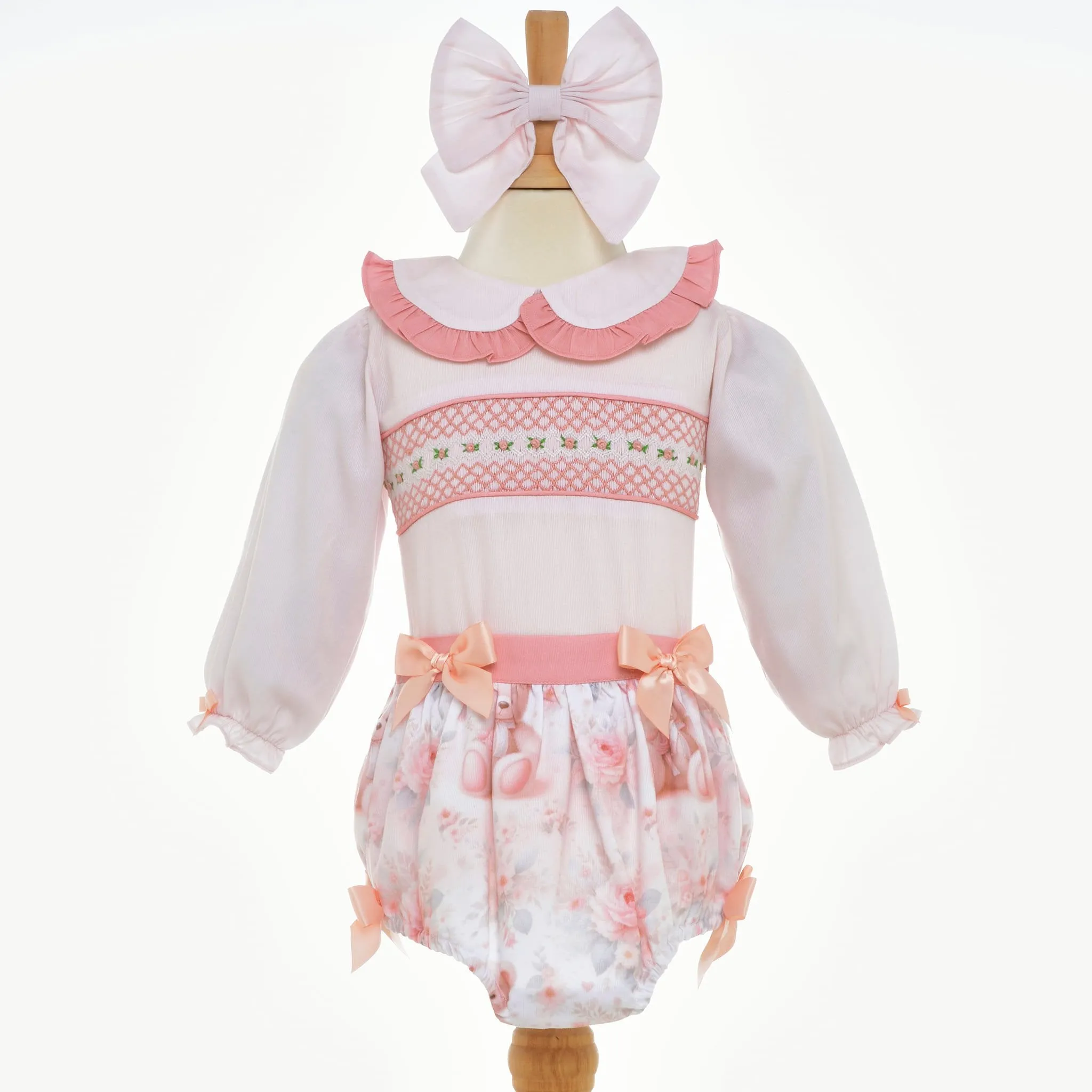 Ocean Baby Girls Smocked Floral Teddy Bear Buster Suit Set (NB-3Yrs)