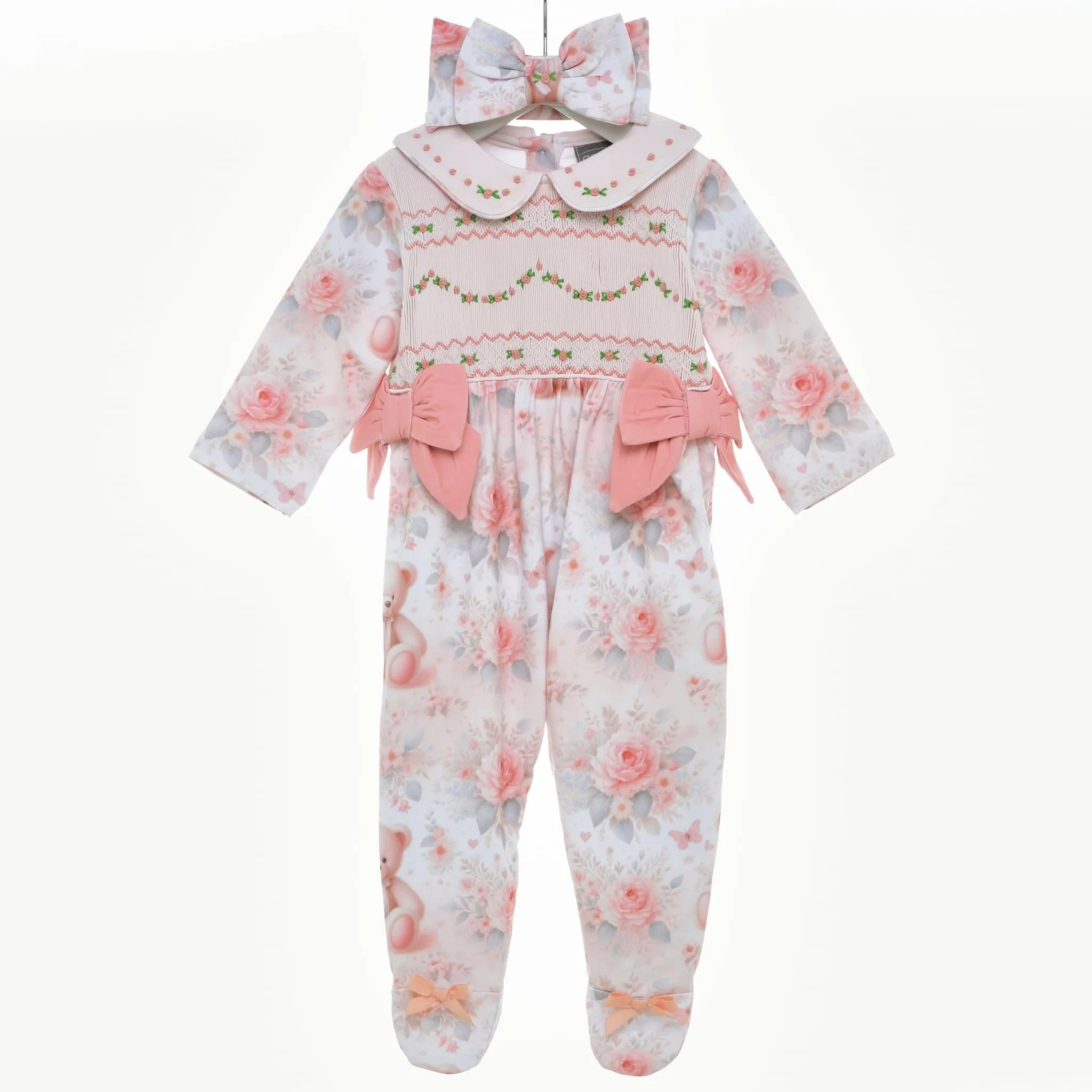 Ocean Baby Girls Smocked Floral Teddy Bear Buster Suit Set (NB-3Yrs)