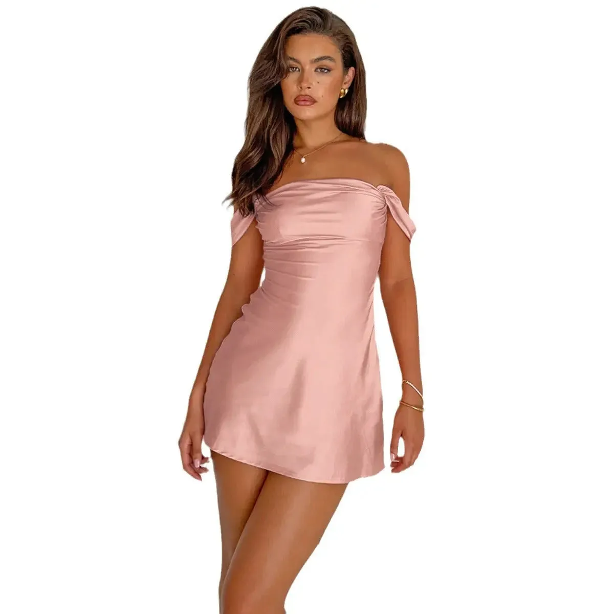 Off-Shoulder Backless Dress - Pleated Raglan Sleeves