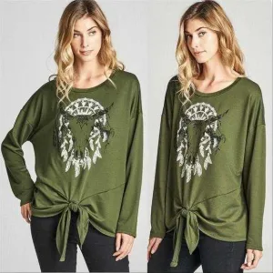 Olive Bull Print Top