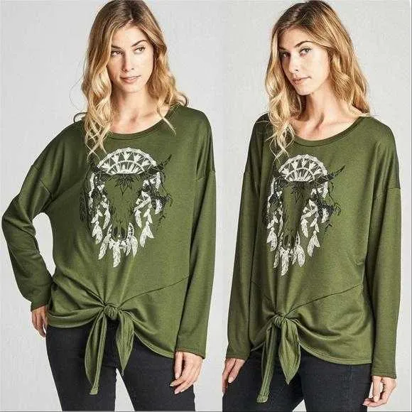 Olive Bull Print Top