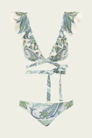 Ottie Wrap Ruffle Bikini Set in Green Paisley