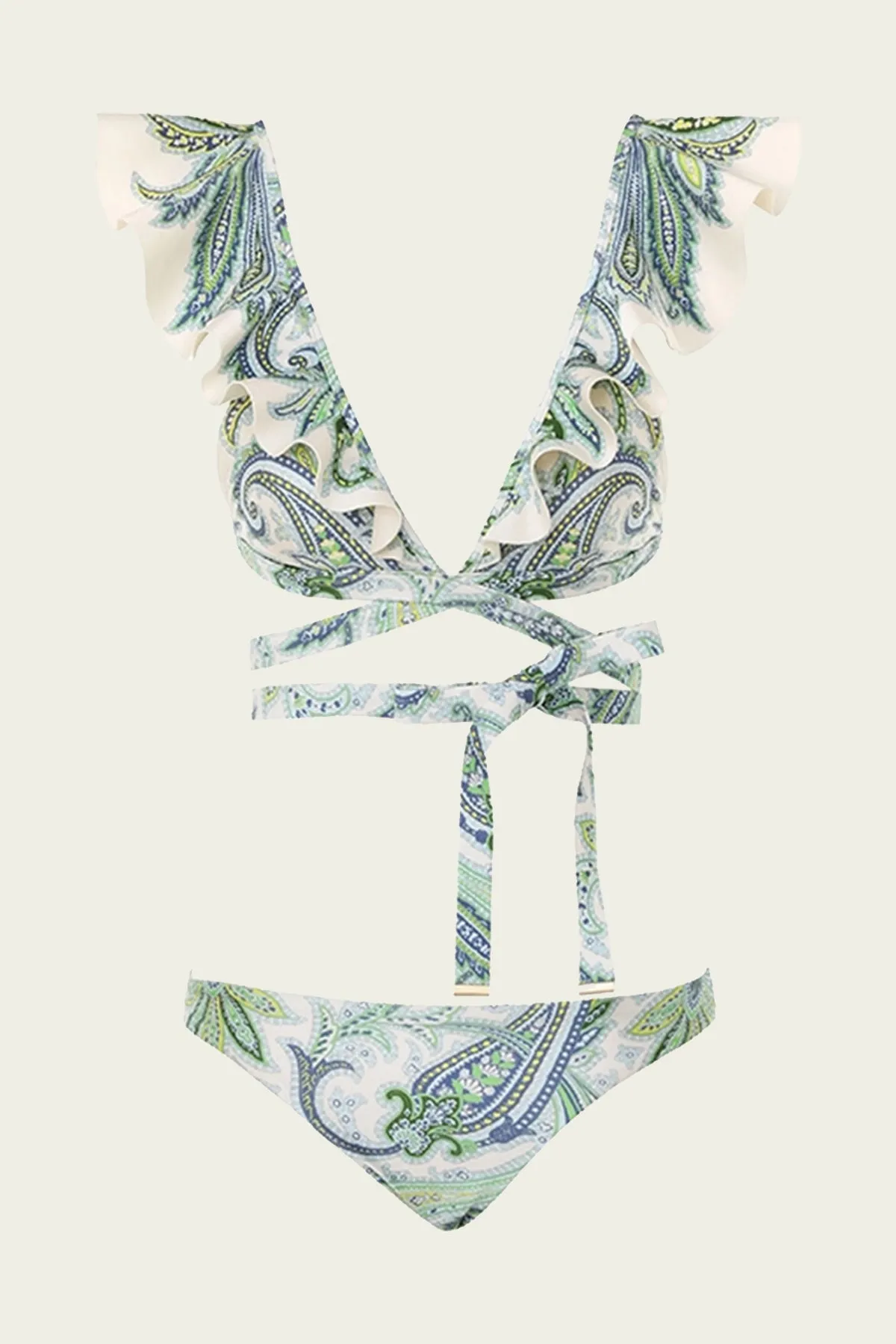 Ottie Wrap Ruffle Bikini Set in Green Paisley