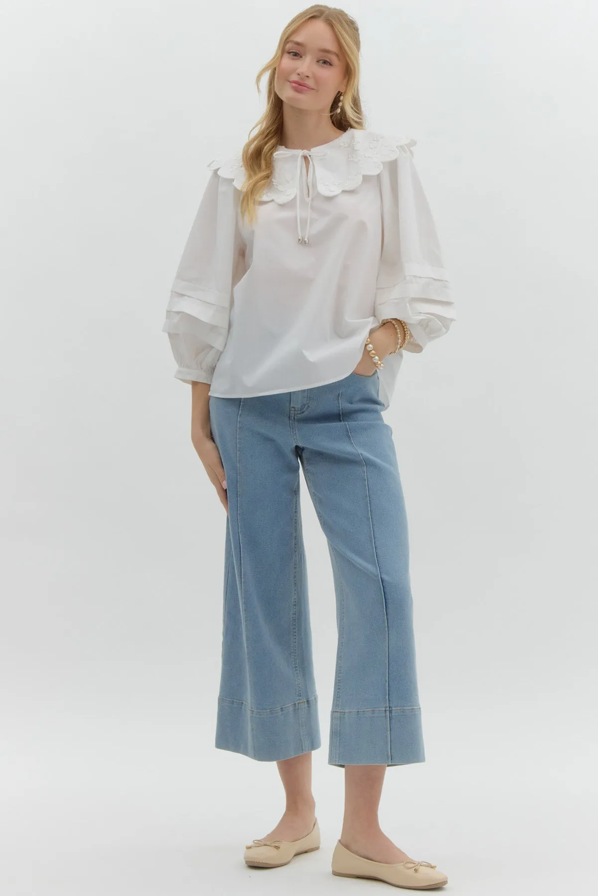 Oversized Floral Scalloped Collared Shirt {Off White}