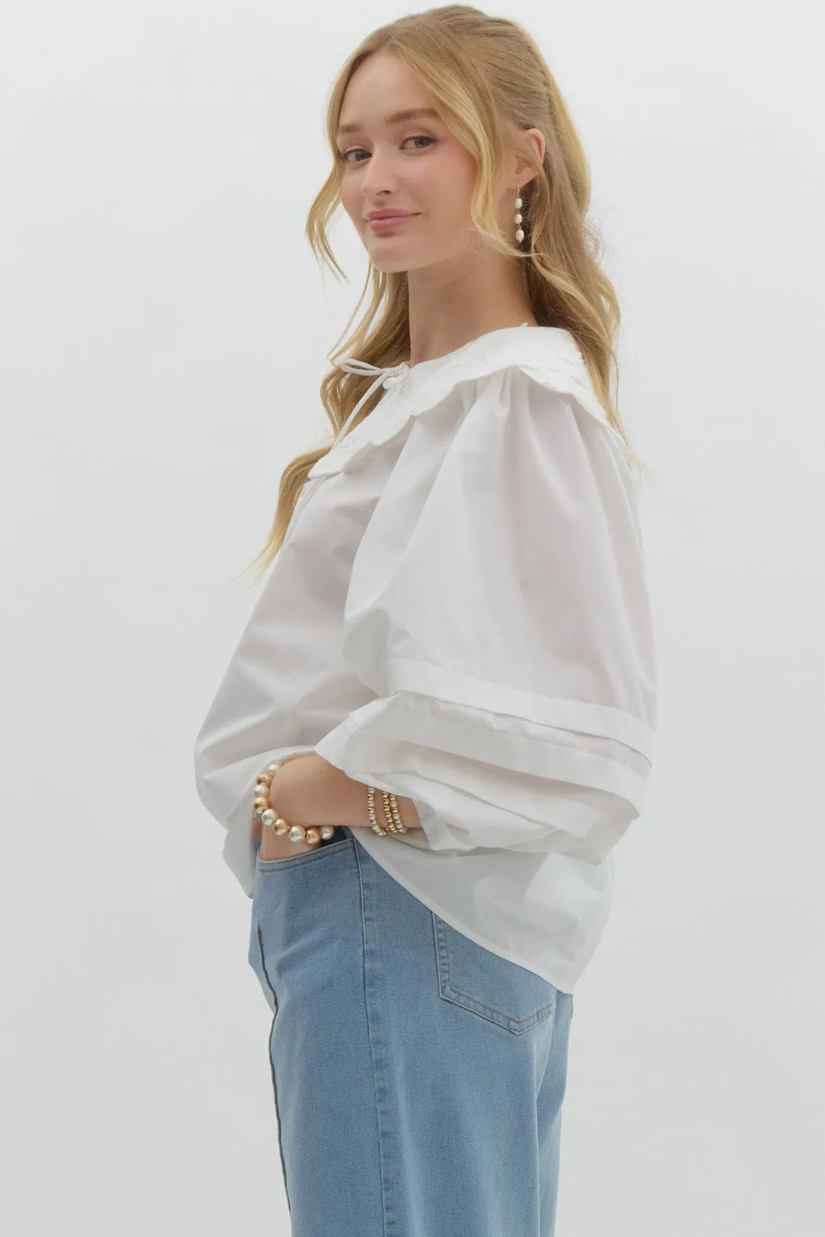 Oversized Floral Scalloped Collared Shirt {Off White}