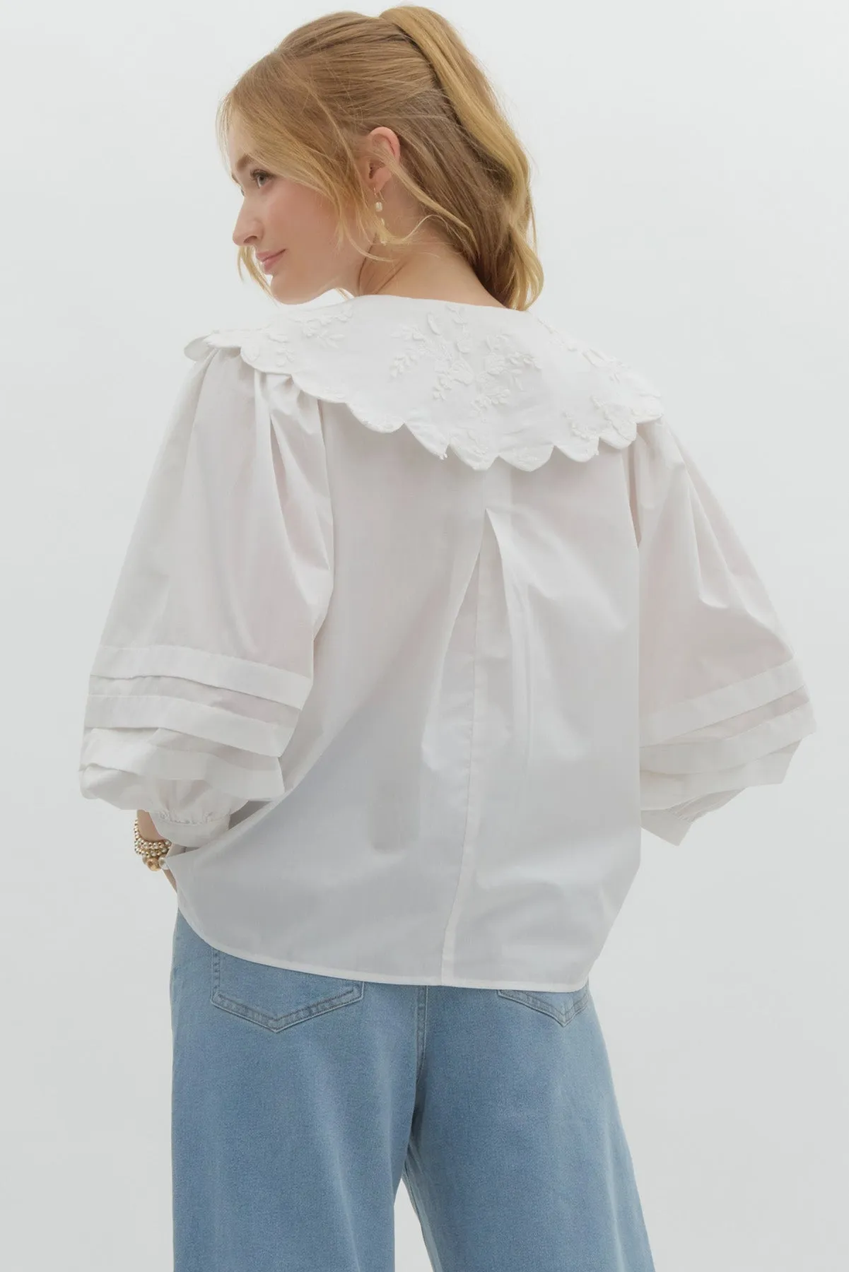 Oversized Floral Scalloped Collared Shirt {Off White}