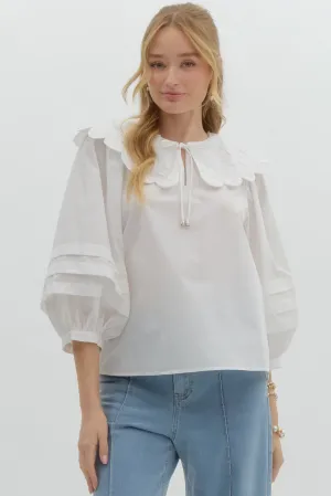 Oversized Floral Scalloped Collared Shirt {Off White}