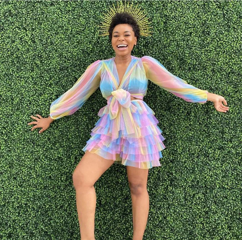 Oyemwen Candy Rainbow Pastel Tulle Wrap Top
