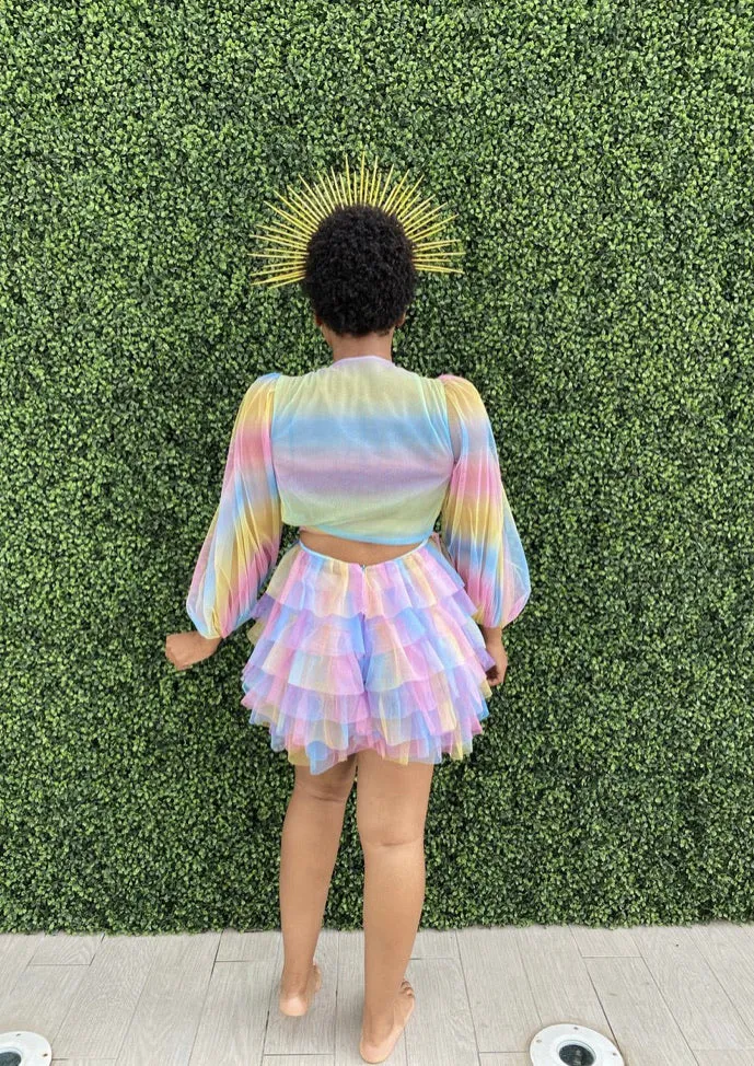 Oyemwen Candy Rainbow Pastel Tulle Wrap Top