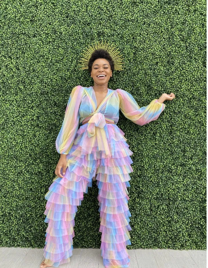 Oyemwen Candy Rainbow Pastel Tulle Wrap Top