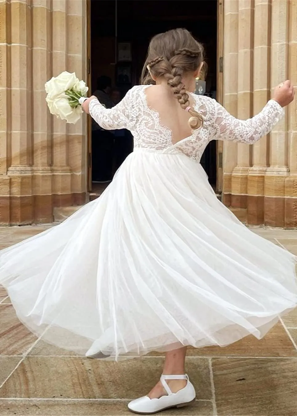 Paisley Lace Flower Girl Dress in White