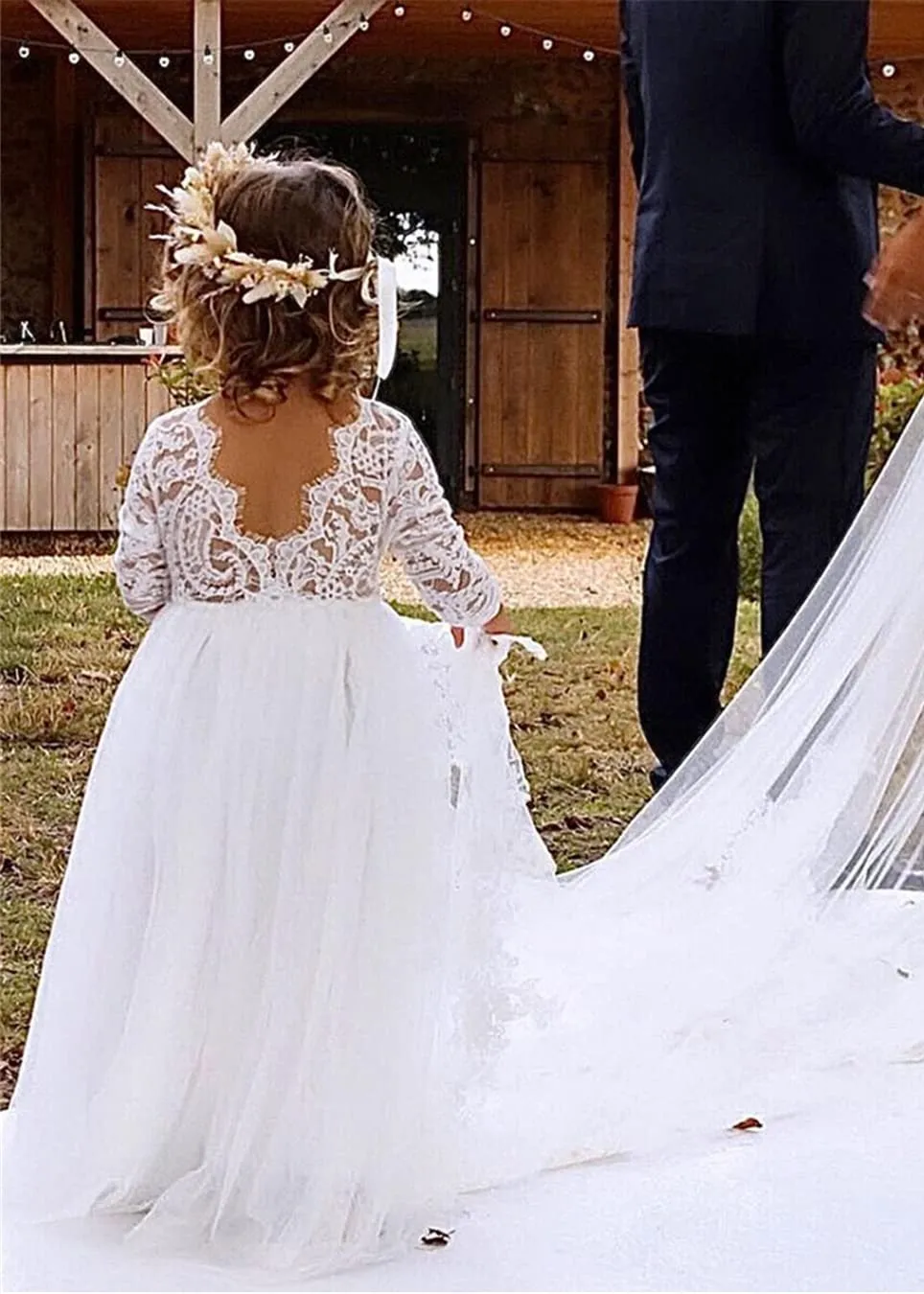 Paisley Lace Flower Girl Dress in White