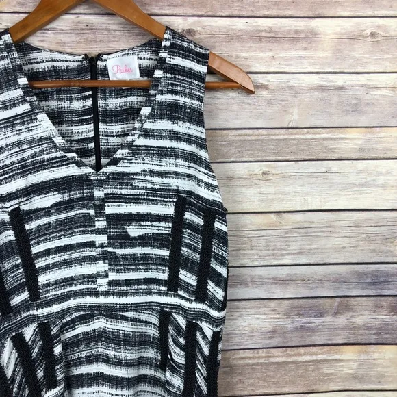 Parker | Abstract Striped Fit &amp; Flare Silk Dress