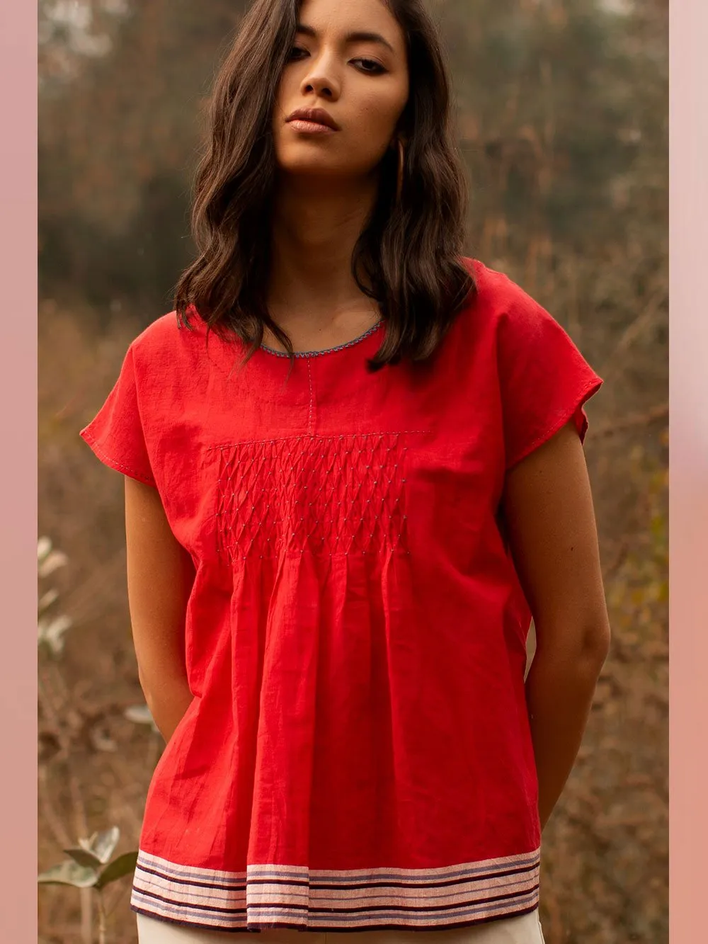 Payal Pratap   -   Top Roland  I  Cap Sleeve Smocked Top With Contrasting Selvedge And Hand Detailing On Neck