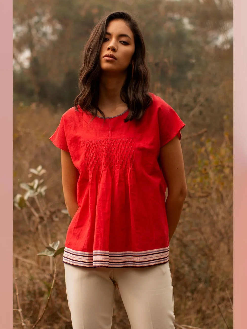 Payal Pratap   -   Top Roland  I  Cap Sleeve Smocked Top With Contrasting Selvedge And Hand Detailing On Neck
