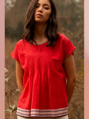 Payal Pratap   -   Top Roland  I  Cap Sleeve Smocked Top With Contrasting Selvedge And Hand Detailing On Neck