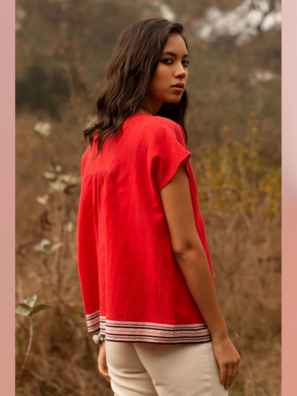 Payal Pratap   -   Top Roland  I  Cap Sleeve Smocked Top With Contrasting Selvedge And Hand Detailing On Neck