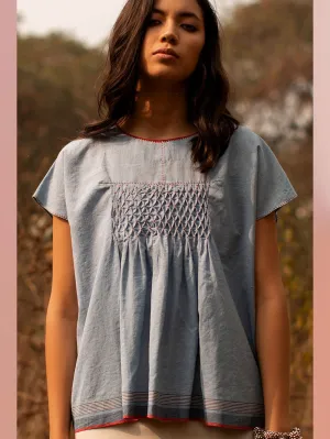 Payal Pratap   -   Top Roland  I  Cap Sleeve Smocked Top With Contrasting Selvedge And Hand Detailing On Neck