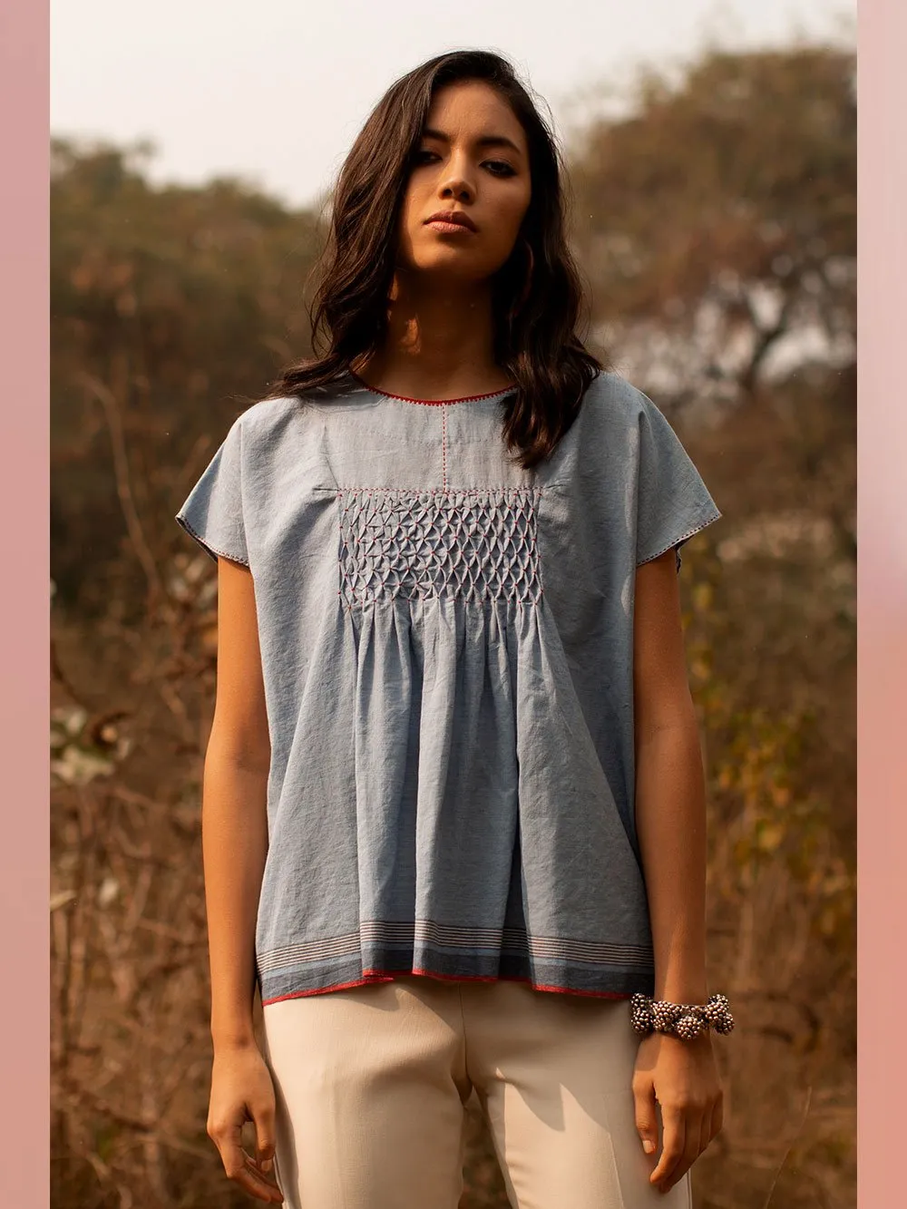Payal Pratap   -   Top Roland  I  Cap Sleeve Smocked Top With Contrasting Selvedge And Hand Detailing On Neck