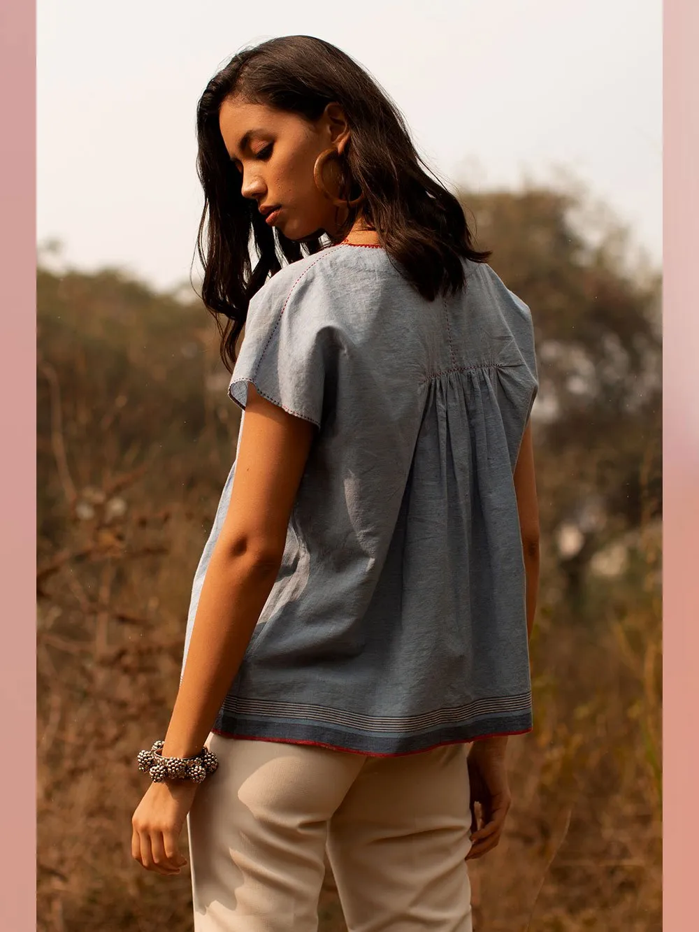 Payal Pratap   -   Top Roland  I  Cap Sleeve Smocked Top With Contrasting Selvedge And Hand Detailing On Neck