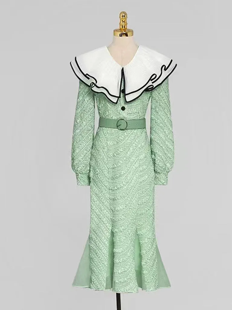 Pea Green Layered Ruffle Collar Knit Mermaid Dress