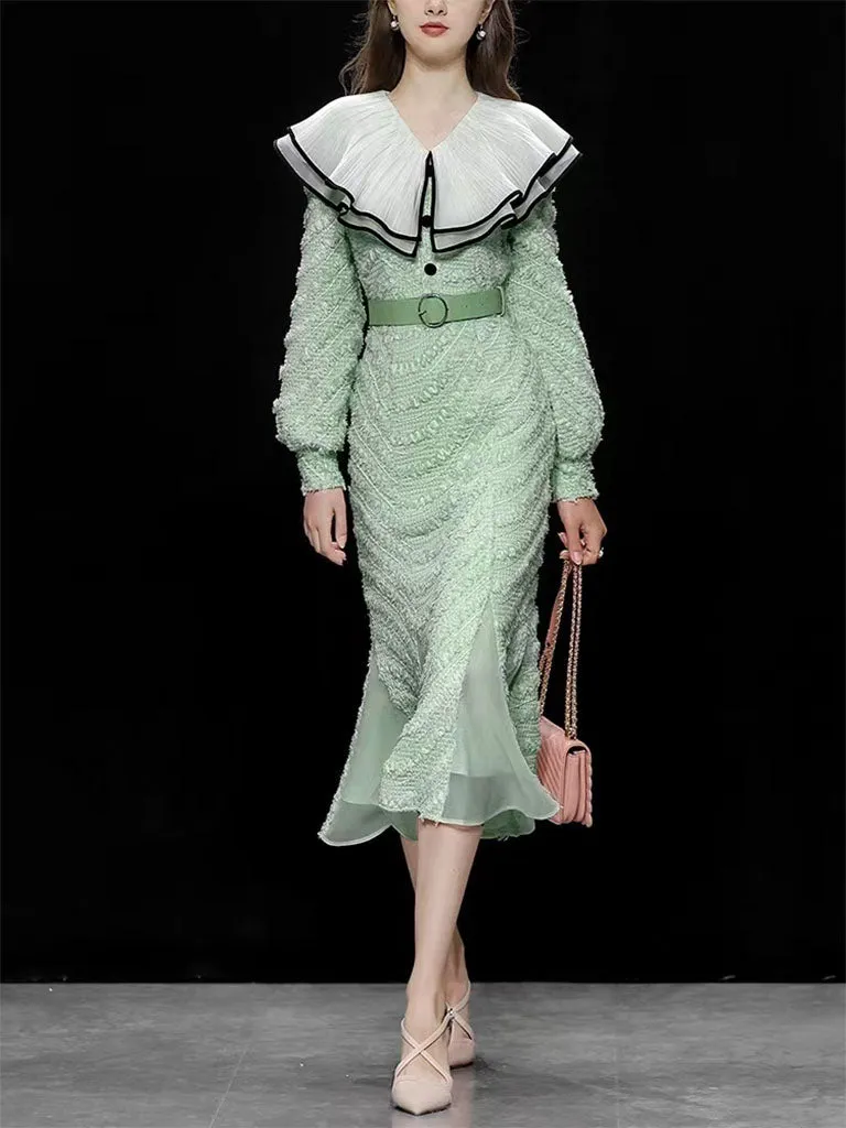 Pea Green Layered Ruffle Collar Knit Mermaid Dress