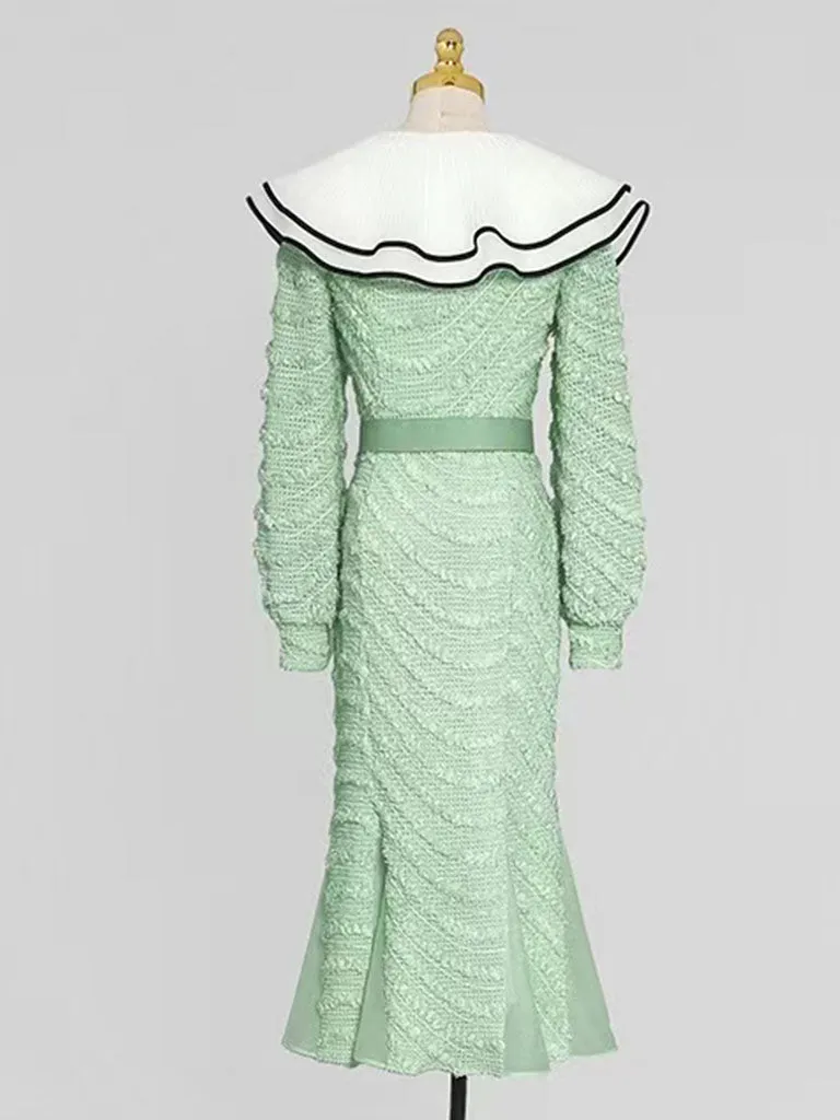 Pea Green Layered Ruffle Collar Knit Mermaid Dress